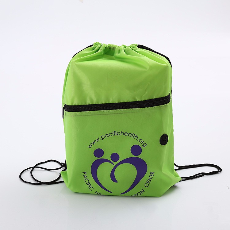 Nylon drawstring bag with front zipper pocket