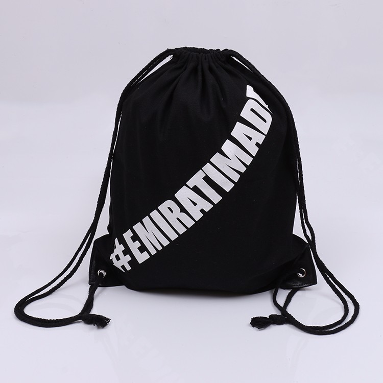 Black cotton canvas drawstring bag