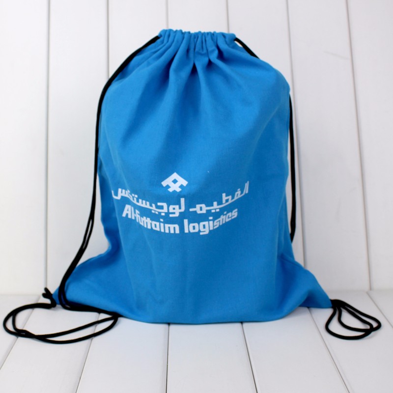 Blue cotton canvas drawstring bag with logo