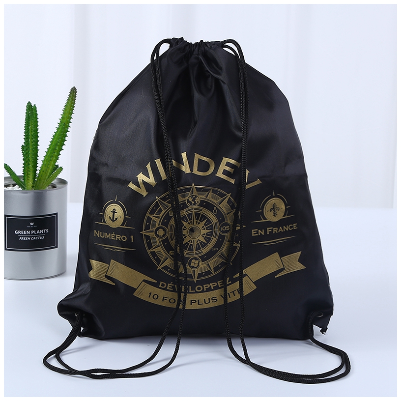 Black gold imprint drawstring backpack